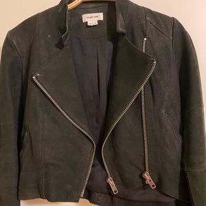 Cropped black leather moto jacket with silk lining